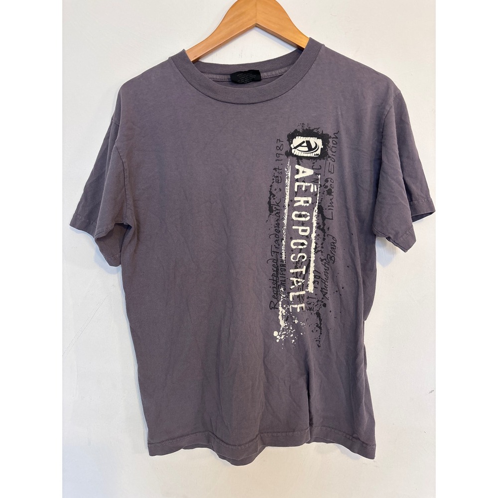 Aeropostale Mens Graphic T-Shirt Gray Purple Distressed Logo Size M Cotton